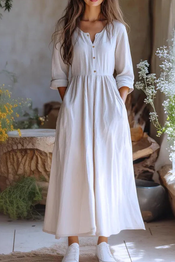 Cardydony Women's Linen Blend Crew Neck Long Sleeve Casual Pocket Holiday Maxi Dress