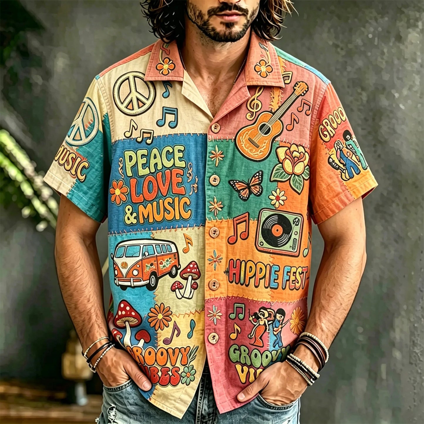 Cardydony Men's Hippie Style Peace Love Music Patchwork Art Print Casual Shirt