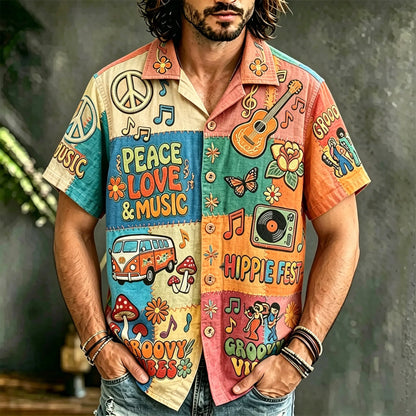 Cardydony Men's Hippie Style Peace Love Music Patchwork Art Print Casual Shirt