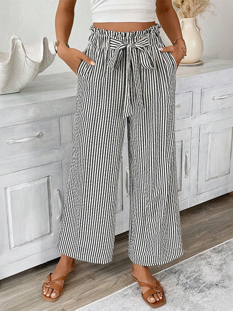 Cardydony Casual Bud Waistband Striped Straight Linen Pants