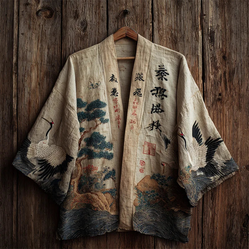 Cardydony Japanese Cranes & Pine Trees Sea Waves Linen Kimono