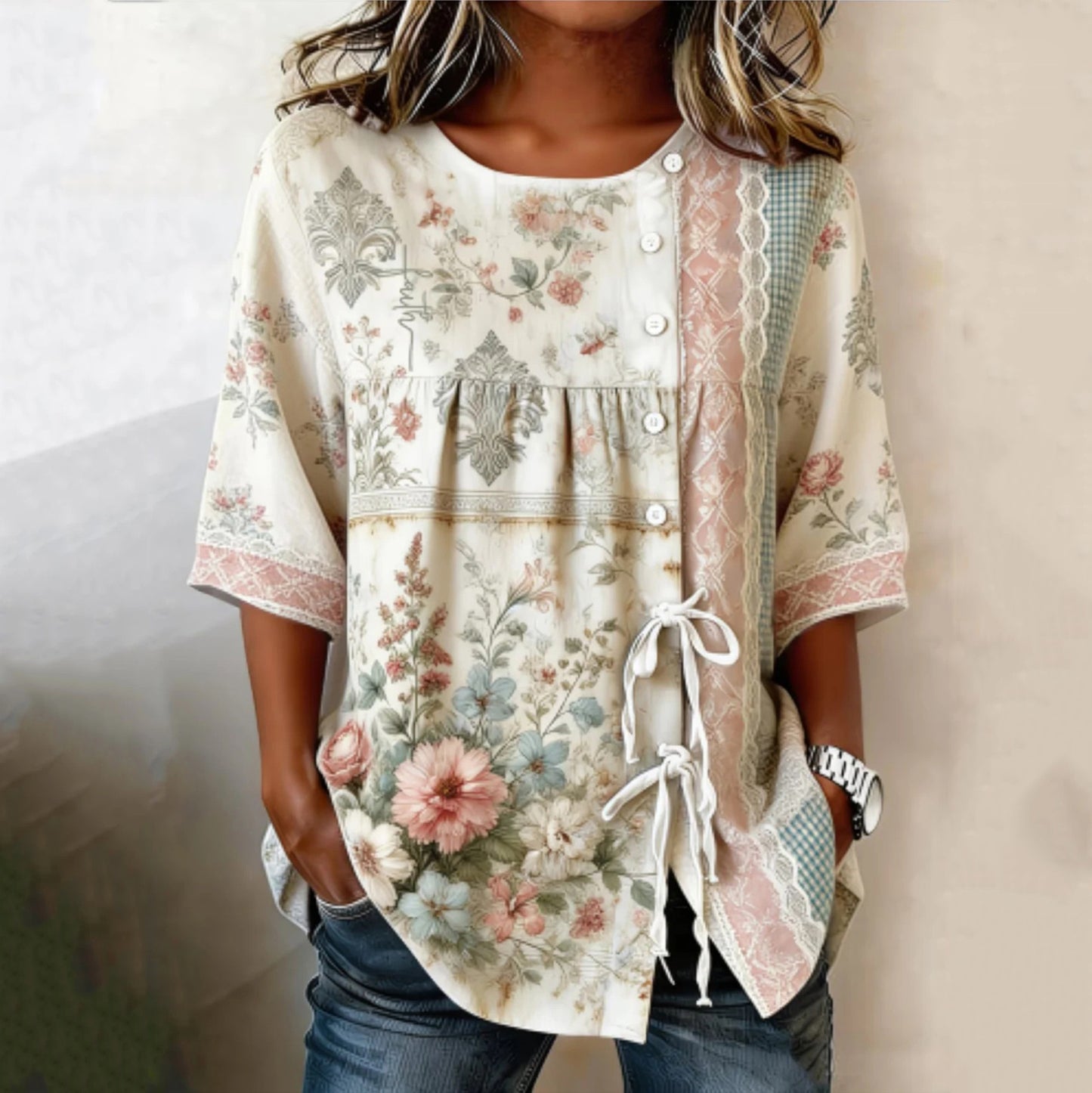 Cardydony Women's Rose Patchwork Short-sleeve Top
