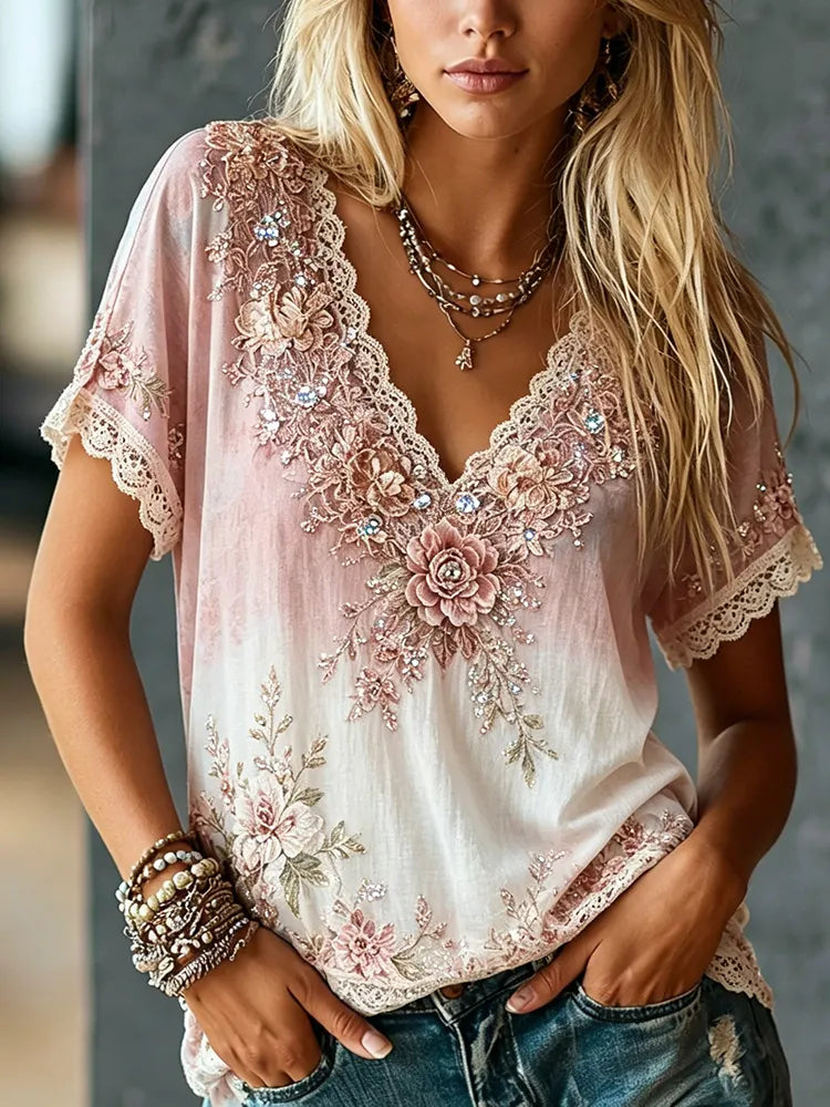 Cardydony Women's Retro Floral Vacation Cotton Linen V-neck T-shirt