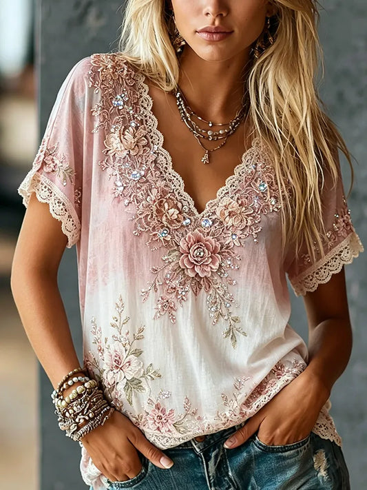 Cardydony Women's Retro Floral Vacation Cotton Linen V-neck T-shirt