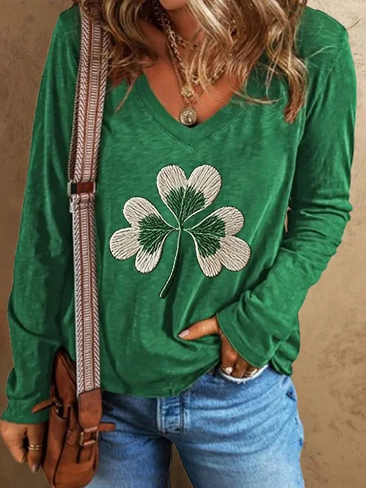 Cardydony Women's St. Patrick's Day Shamrock Embroidered Print V-neck T-shirt