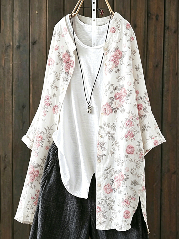 Cardydony Floral Pattern Design Women's Casual Linen Long Shirt