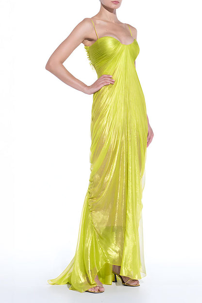 Cardydony Women's Victoria Shimmering and Flowing Pleated Fabric Back Lace-up Drape Maxi Dress