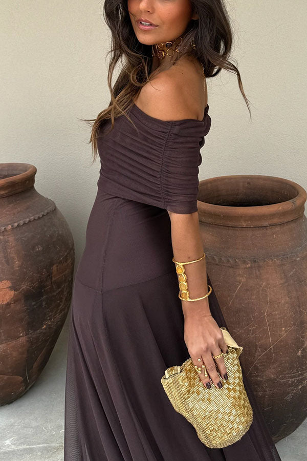 Cardydony Women's In My Arms Mesh Ruched Strapless Paneled Drape Flare Maxi Dress