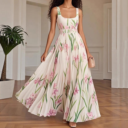 Cardydony Pleated Slim Fit Floral Print Slip Dress