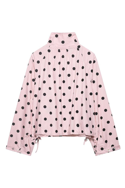 Cardydony Women's  Polka Dot Print Loose Stand Collar Button Bow Tie Casual Long-sleeved Jacket
