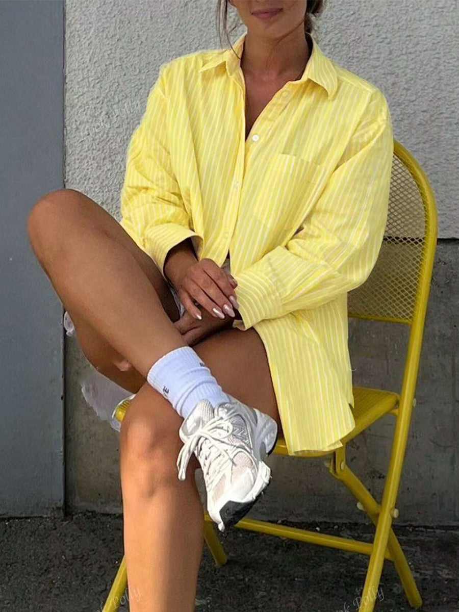 Cardydony Women's Yellow Striped Shirt – Oversized Button Down Long Sleeve