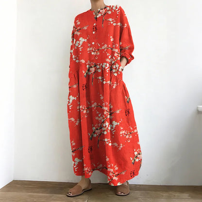 Cardydony Vintage Cherry Blossom Art Pattern Cozy Linen Maxi Dress
