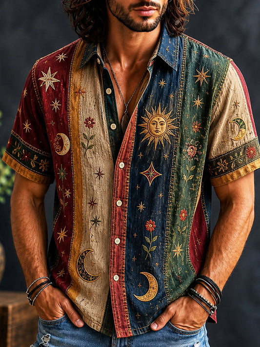 Cardydony Men's Vintage Patchwork Flowers Sun Moon Striped Art Print Shirt