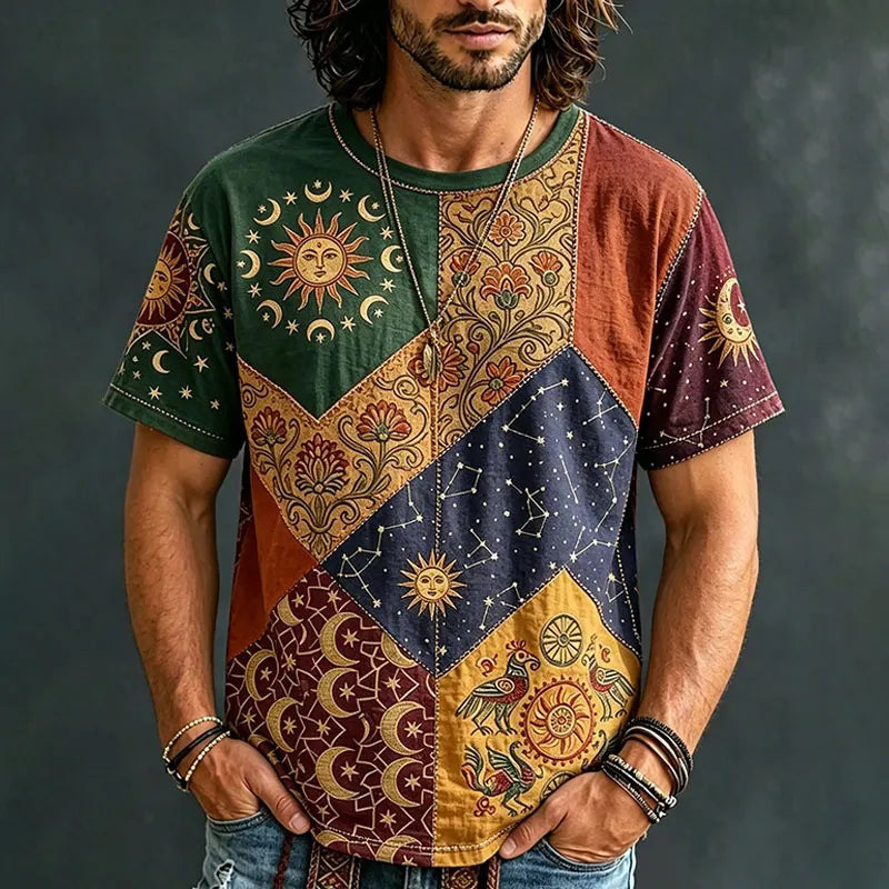 Cardydony Men's Hippie Sun Moon Geometric Patchwork Print Short Sleeve T-shirt