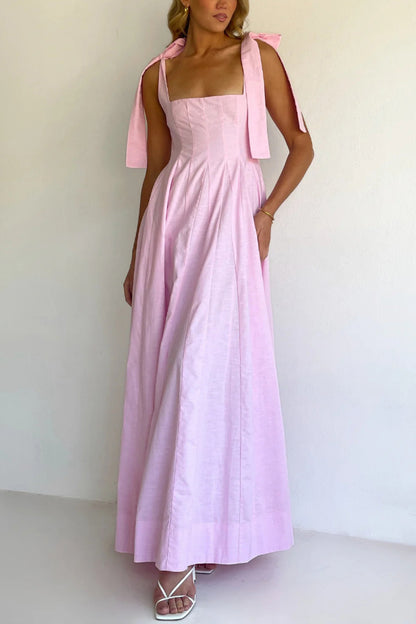 Cardydony Women's Solid Color Sleeveless Tie-up Suspender Elegant Patchwork Maxi Dress