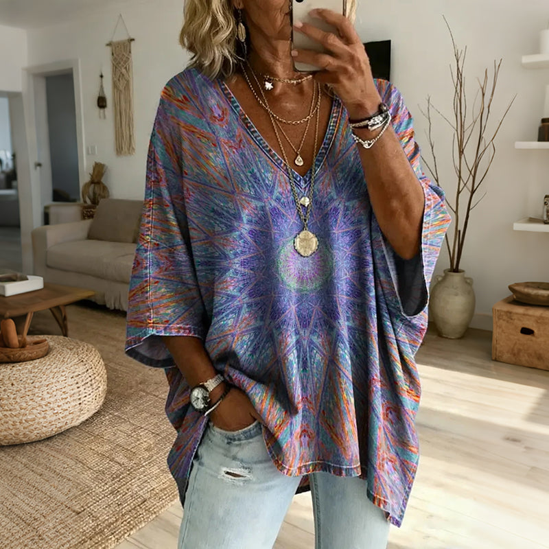 Cardydony Ethnicity Retro Geometry Kaleidoscope Women's Art Print Casual Top