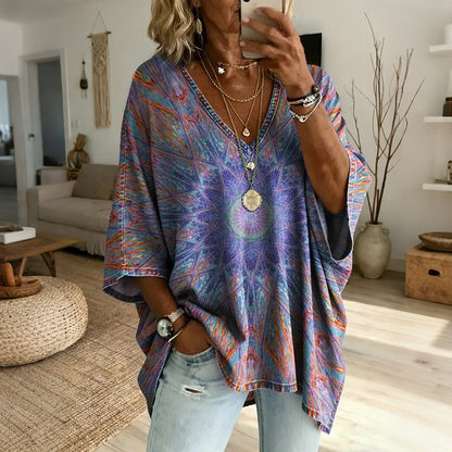 Cardydony Ethnicity Retro Geometry Kaleidoscope Women's Art Print Casual Top