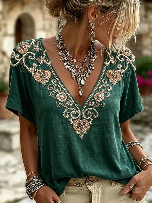 Cardydony Vintage Tribal Art Embroidery Casual Linen Cotton Short Sleeve Shirt