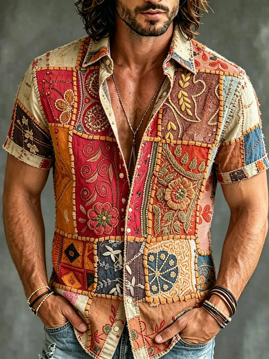 Cardydony Men's Retro Bohemian Hippie Style Floral Patchwork Embroidered Print Short-sleeve Shirt