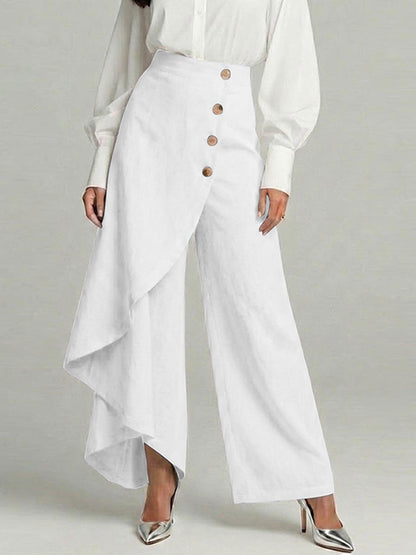 Cardydony Women's Casual Retro Irregular Ruffles Button Cotton And Linen Pants