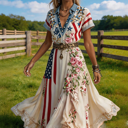 Cardydony Western Patriotic Maxi Dress - Boho Denim Collar Floral Embroidered Dress