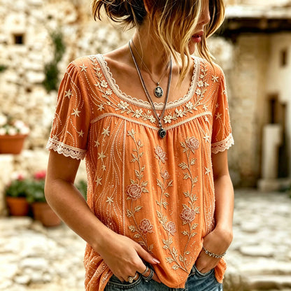 Cardydony Women's Vintage Star And Flower Art Linen Blend Round Neck Short Sleeve Tops