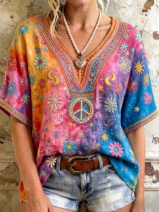 Cardydony Women's Retro Hippie Floral Art Linen Blend Short Sleeve Tops