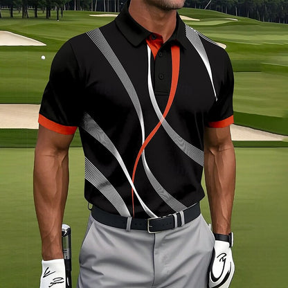 Cardydony Men's Vintage Line Pattern Golf Sports Polo Shirt