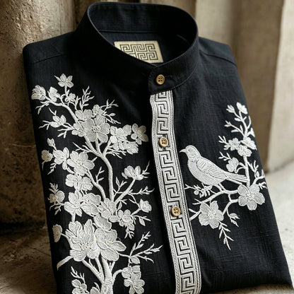 Cardydony Retro Cherry Blossom And Bird Pattern Short-sleeve Shirt