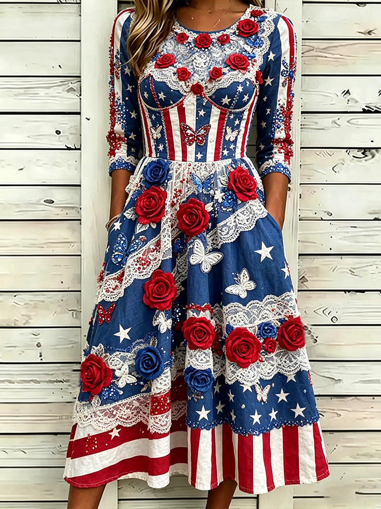 Cardydony Women's Vintage Independence Day Rose Pattern Casual Crew-neck Dress