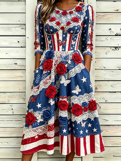 Cardydony Women's Vintage Independence Day Rose Pattern Casual Crew-neck Dress