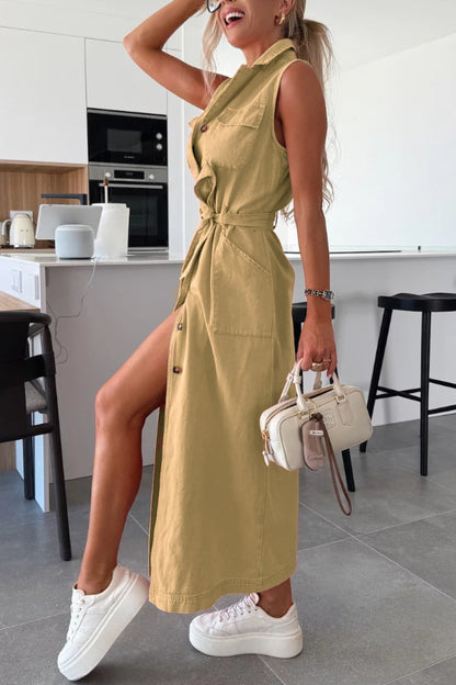 Cardydony Women's Solid Color Sleeveless Single Breasted Waist Tie Casual Pocket Denim Midi Dress