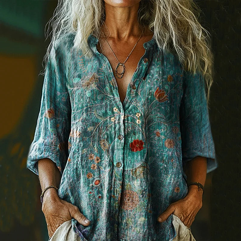 Cardydony Women's Vintage Floral Print Casual Cotton And Linen Shirt