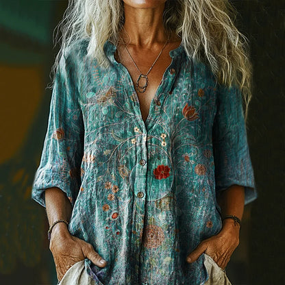 Cardydony Women's Vintage Floral Print Casual Cotton And Linen Shirt