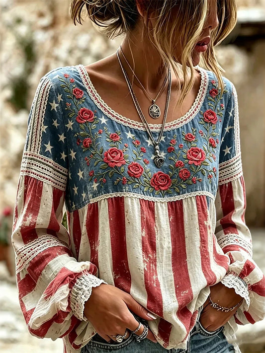 Cardydony Women's Retro Independence Day Anniversary Flag Print Art T-shirt