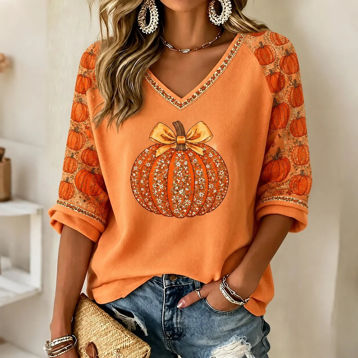 Cardydony Women's Autumn Pumpkin Rhinestone Pattern Casual Mid-sleeve T-shirt