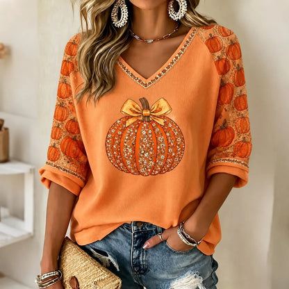 Cardydony Women's Autumn Pumpkin Rhinestone Pattern Casual Mid-sleeve T-shirt