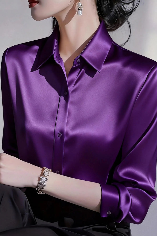 Cardydony Women's  Solid Color Satin Collared Long-sleeved Button-down Casual Shirt