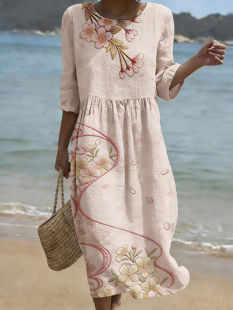 Cardydony Vintage Cherry Blossom Art Flowy Linen Maxi Dress