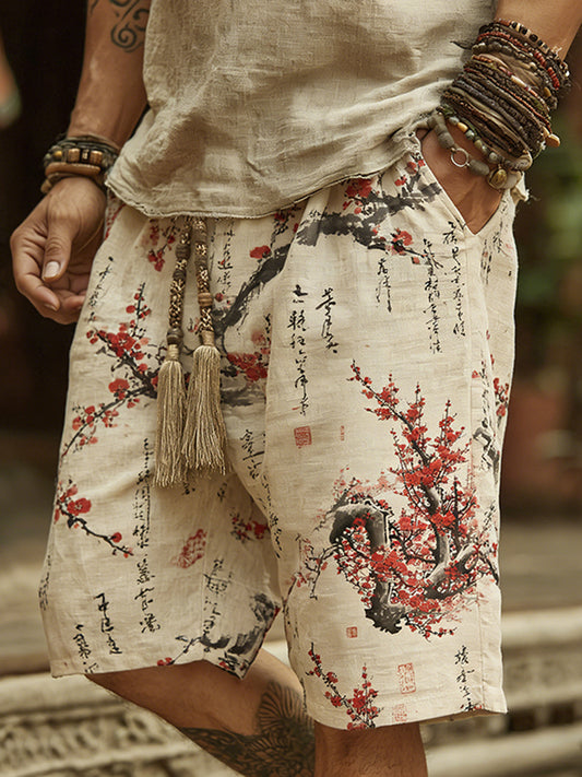 Cardydony Men's Vintage Japanese Cherry Blossom Art Print Linen Blend Shorts