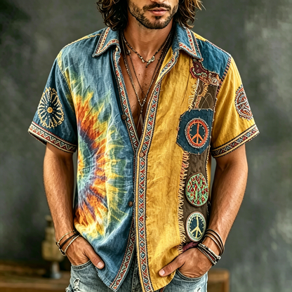 Cardydony Men's Causal Spring Tie-dye Hippie Peace Patchwork Art Print Flowy Linen Blend Shirt