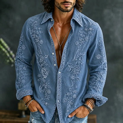 Cardydony Men's Vintage Floral Art Casual Cotton Linen Long-sleeved Shirt