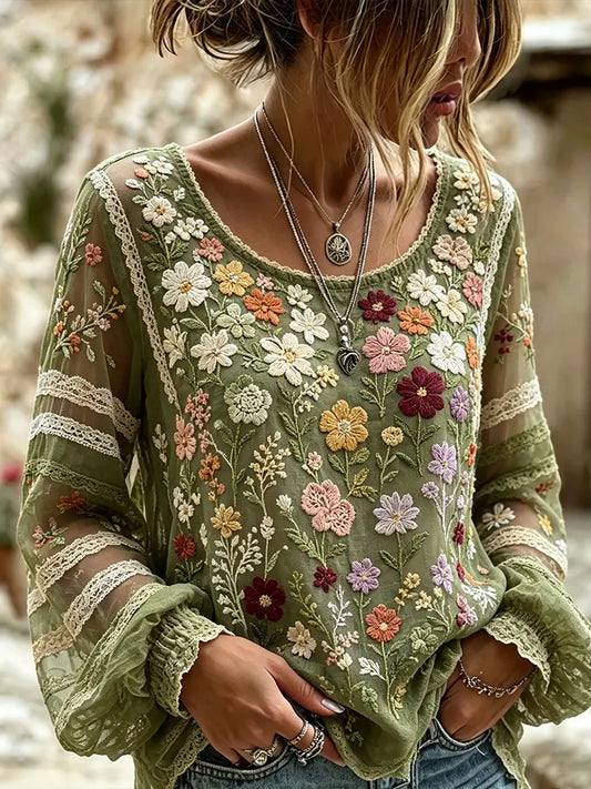 Cardydony Women's Vintage Colorful Floral And Lace Art Cotton Linen Round Neck Long Sleeve Top