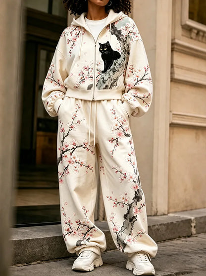Cardydony Women's Japanese Cherry Blossom And Cat Art Print Casual Zip Up Hoodie Two Piece Set