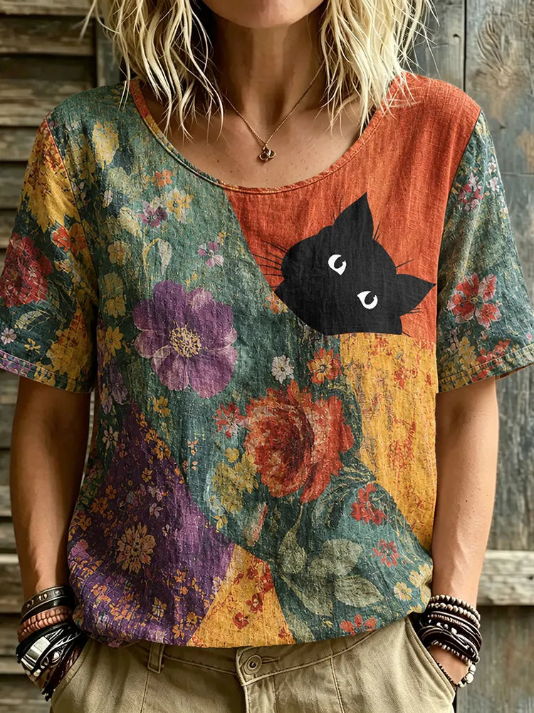 Cardydony Women's Hippie Black Cat Art Print Linen Blend Round Neck Tshirt
