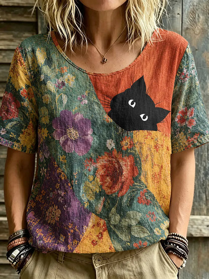 Cardydony Women's Hippie Black Cat Art Print Linen Blend Round Neck Tshirt