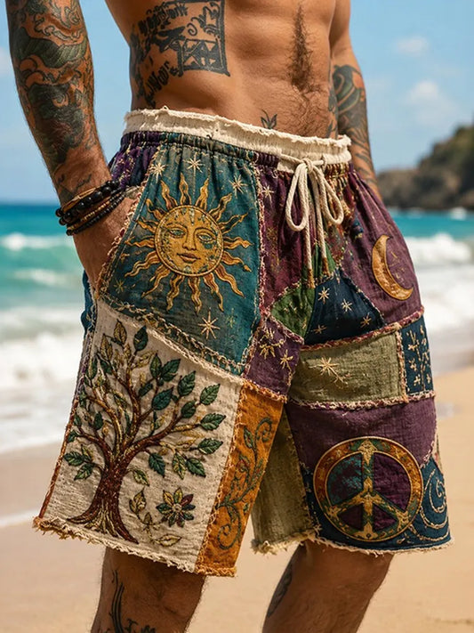 Cardydony Men's Hippie Sun Tree Of Life Patchwork Print Casual Shorts