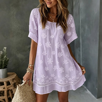 Cardydony Women's White Rose Art Embroidered Linen Blend Round Neck Maxi Dress
