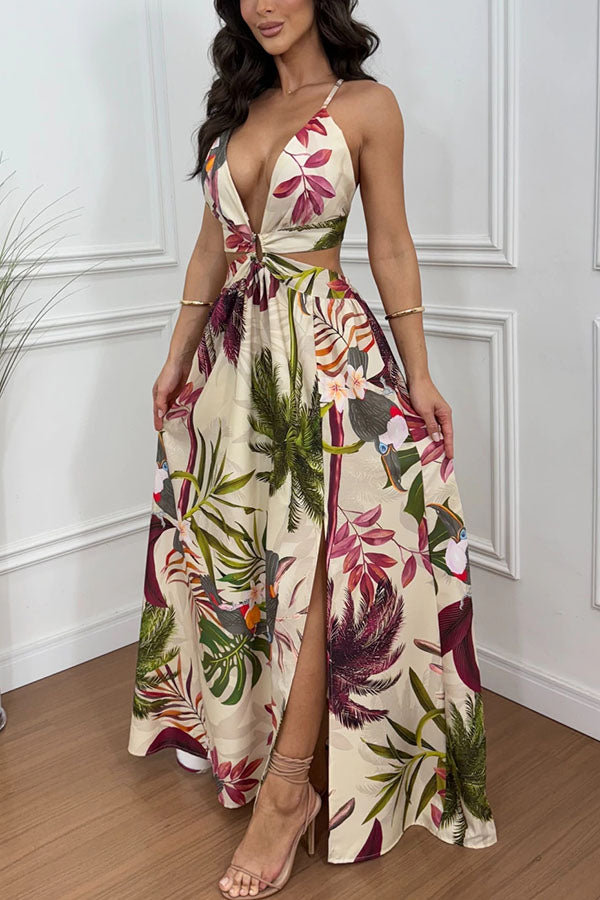 Cardydony Women's Seinah Floral Print Cutout Waist Open Back Lace-up Slit Maxi Dress