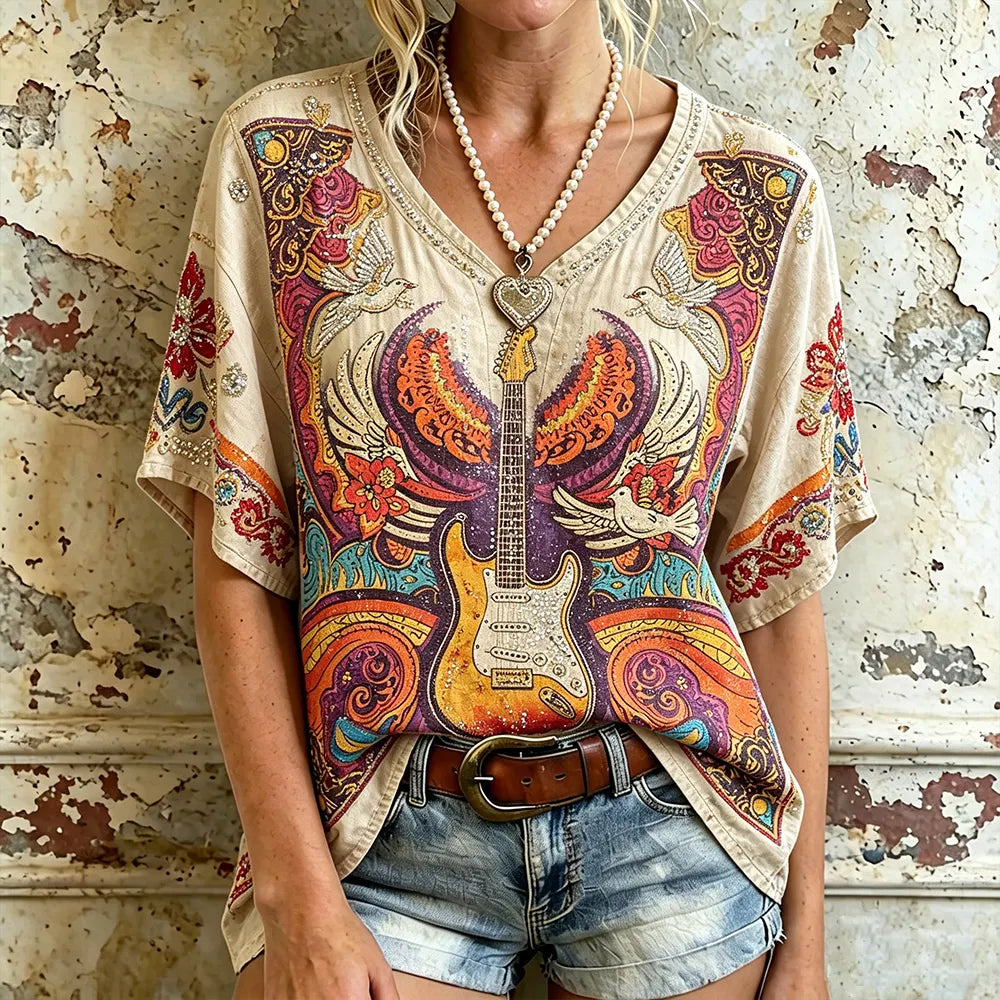 Cardydony Retro Rock Guitar Dove Rhinestone V Neck Blouse, Vintage Psychedelic Floral Print Boho Short Sleeve Tee
